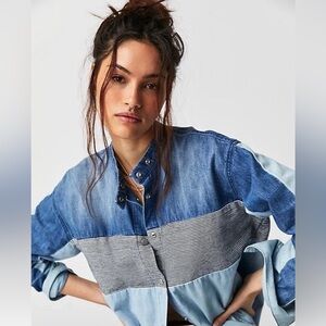 We The Free - Moto Colorblock Shirt Blue Denim - Free People Snap-S Oversized